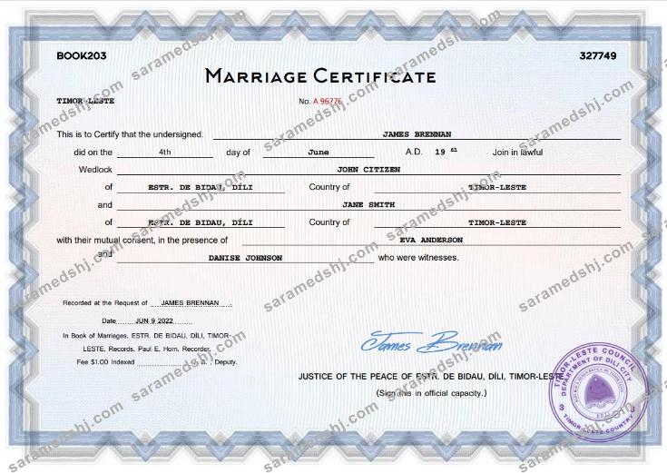 Timor-Leste marriage certificate Word and PDF template